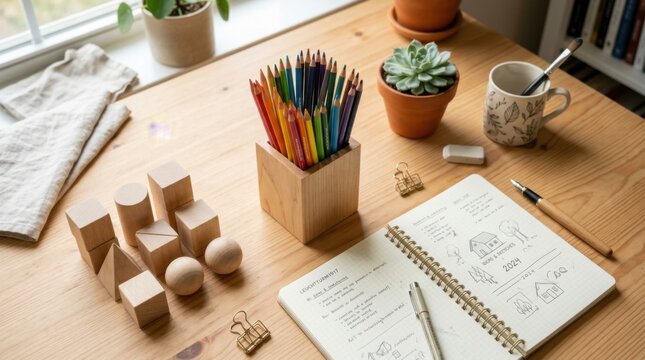 Creative wooden desk workspace with notebook and pencils