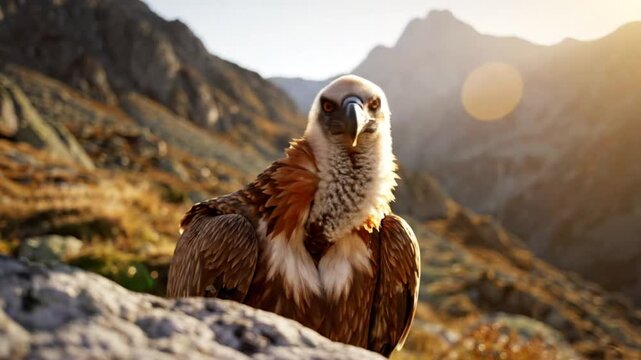 Majestic bearded vulture perched on a rock in the mountains with golden sunlight shining in the background
