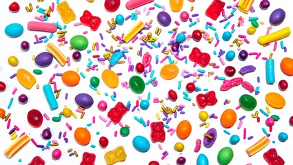 Obraz premium Colorful Candies and Sprinkles Scattered on White Background