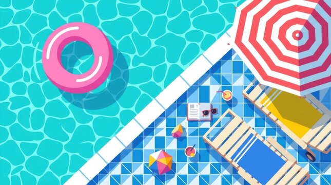Colorful summer pool flat lay with inflatable ring