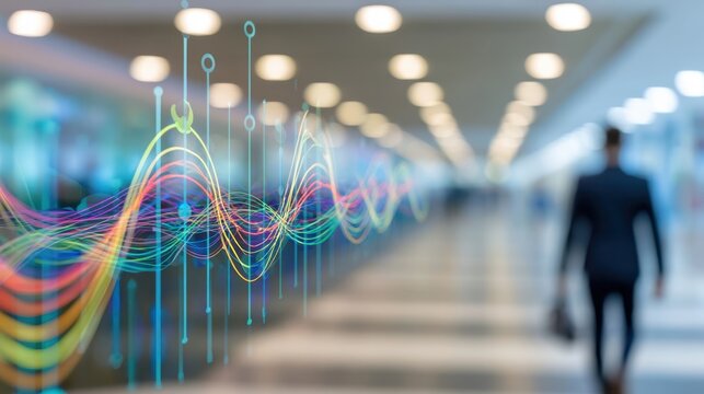 Abstract colorful digital wave frequency graph with glowing lines and nodes representing data visualization on blurred background with business person walking