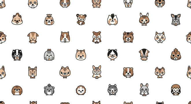 Seamless pattern of various cute dog faces with different breeds and expressions.