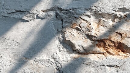 Obraz premium Textured view of a weathered white stone wall with a rusty-brown section and shadows