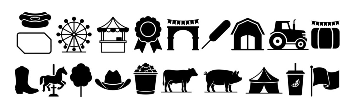 American State Fair Vector Bundle, 10 Simple Black and White Fairground Icons, No Text SVG Elements