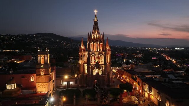 night aerial view of the ancient city of San Miguel Angel Main Church in Mexico