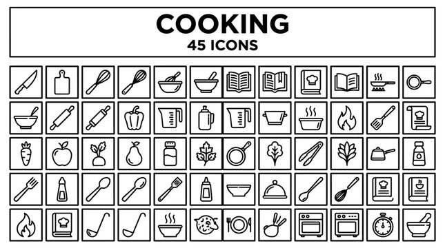 Cooking Icons Set - Kitchen Utensils, Food, Chef Tools, Recipe Square Line Vector Collection