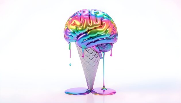 Surreal 3D render of a colorful rainbow human brain melting like ice cream in a waffle cone on a white background. Conceptual art depicting information overload, creativity, or mental burnout.
