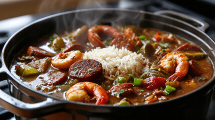 Fototapeta premium steaming pot of seafood gumbo with shrimp
