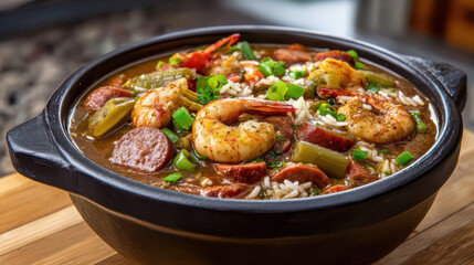 Fototapeta premium steaming pot of seafood gumbo with shrimp