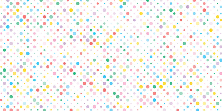 Colorful seamless birthday polka dot pattern. Bright repeated round confetti background. Cute dotted wallpaper for Easter wrapping paper, kid bday nursery decor, birthday decoration design. Vector art