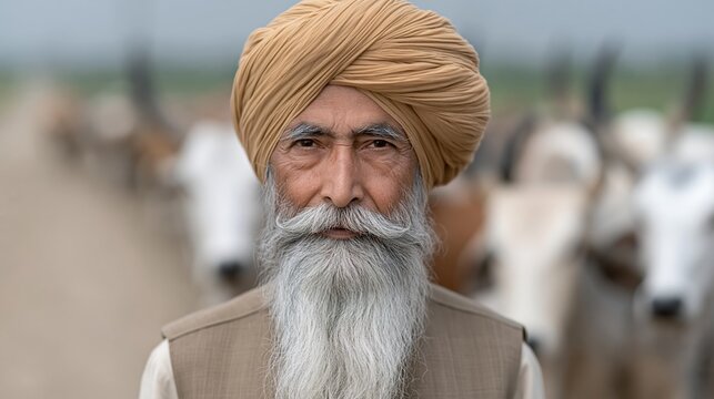 Old man with long white beard and turban stands confidently. Cattle line behind him, calm and grazing. He gazes directly at the camera with quiet strength