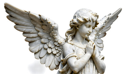 Fototapeta premium Marble Angel Sculpture: A beautiful marble sculpture of an angel with outstretched wings and clasped hands, conveying serenity and spiritual grace.