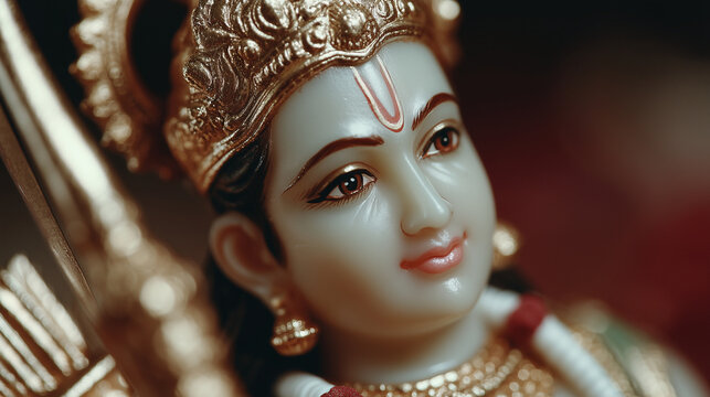 Closeup of serene Lord Rama statue with sacred tilak and divine expression in warm golden sunlight for Hindu spirituality themes, devotional artwork and traditional Indian culture concepts