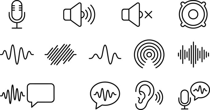 Audio and sound wave line icon set with microphone speaker mute volume frequency signal symbols for apps