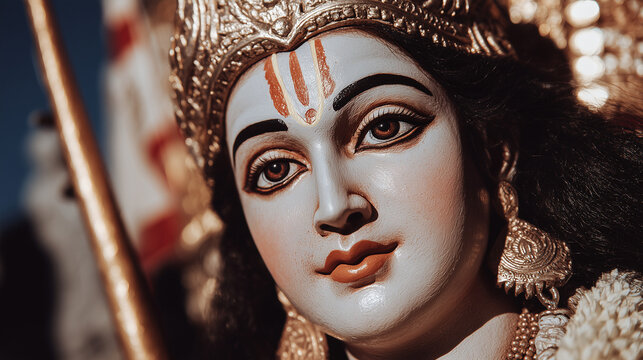 Closeup of serene Lord Rama statue with sacred tilak and divine expression in warm golden sunlight for Hindu spirituality themes, devotional artwork and traditional Indian culture concepts