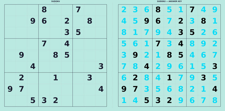 Expert difficulty 9x9 Sudoku puzzle grid with complete solution. Black and white printable vector template for mathematical logic game. Brain training and cognitive challenge concept