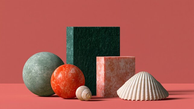 Minimalist still life with geometric shapes and natural textures. Soft matte tones blend earthy greens, oranges, and creamy whites. Each object holds calm