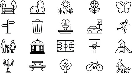 City park and outdoor recreation line icon set featuring trees fountain playground sports courts and family activity symbols © Lipon