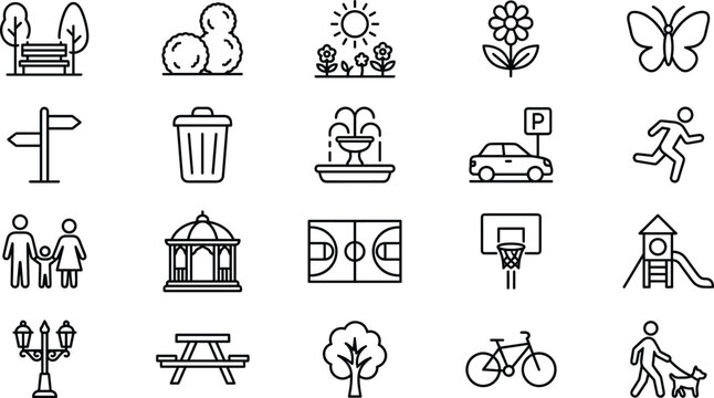 City park and outdoor recreation line icon set featuring trees fountain playground sports courts and family activity symbols