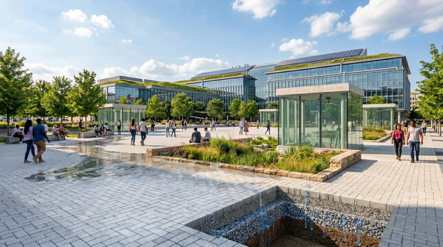 Realistic 3D cross-section illustration of permeable pavement showing water infiltration layers in a modern urban civic plaza, sustainable green infrastructure and stormwater management concept.