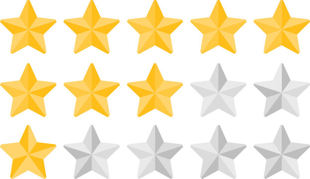 Golden Five Star Rating Vector Icon Set Featuring Various Evaluation Levels with Yellow Faceted Shapes and Grey Unselected Stars for Website Feedback
