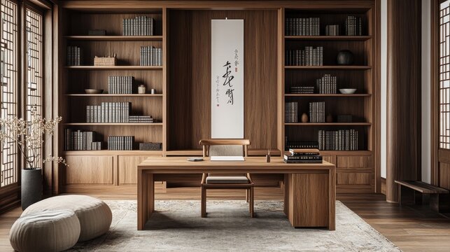 A study room with bookshelves,a desk,and a chair