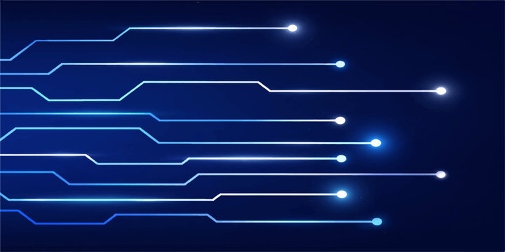 An abstract blue digital circuit board background with tech lines, network data charts, and blueprint arrows designed for a modern business computer science banner