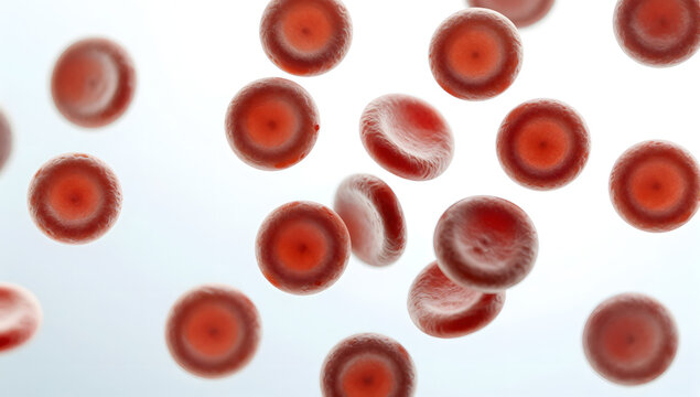 Red Blood Cell Microscopic View: A detailed microscopic view of red blood cells, showcasing their characteristic biconcave disc shape and vibrant red hue, floating in a fluid environment.
