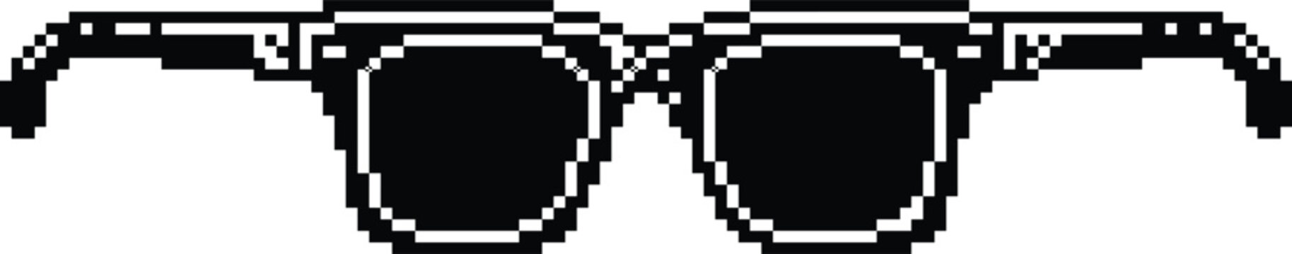 Black and White Pixel Art Sunglasses Icon with Side Arms Isolated on White Background for Retro Gaming and Digital Design