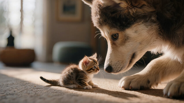 Gentle giant dog curiously looking down at an adorable tiny newborn tabby kitte
