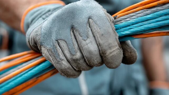 Closeup of a construction worker's hand in a protective glove holding a bundle of colored cables
