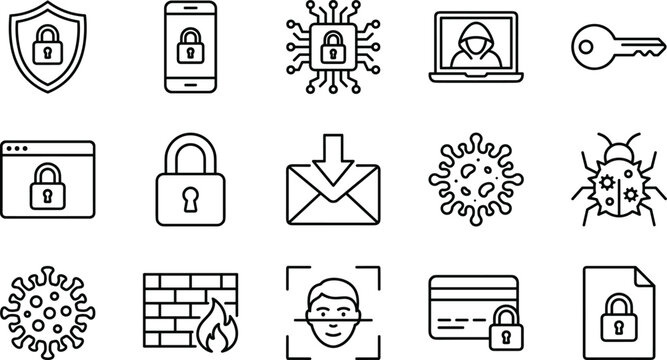 Cyber security and data privacy line icon set featuring shield padlock hacker virus firewall and biometric symbols
