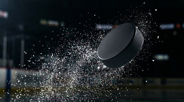 A hockey puck flies through exploding ice spray in a dark arena. Concept of sport, action, speed, competition, equipment, advertising, banner, game design. Generative AI