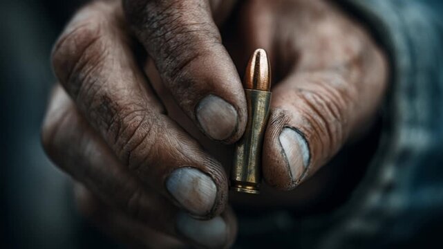Man's weathered, dirty hands holding a single brass bullet between his calloused fingers