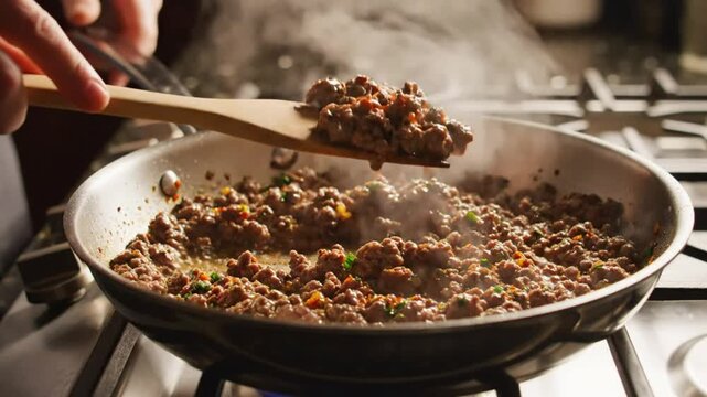 Chef stirring flavorful ground meat and herbs cooking in a stainless steel pan on the stove, steam rising