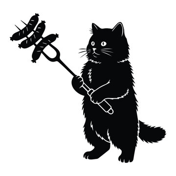 Black cat holding fork with sausages, grill master concept, vector illustration, animal art graphic.