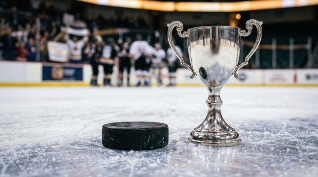 Silver trophy cup and hockey puck stand on ice with blurred players celebrating in an arena. Concept sports victory, championship, award, competition, team success, advertising. Generative AI