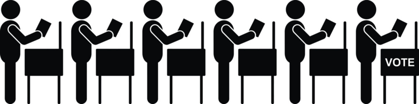 Collection of black stick figure silhouettes standing at polling booths holding ballots for election and voting concepts