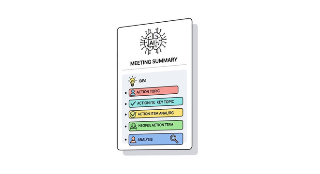 Meeting summary checklist with colorful priority icons on white paper.