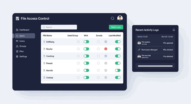 User interface design for file access control and security management dashboard.