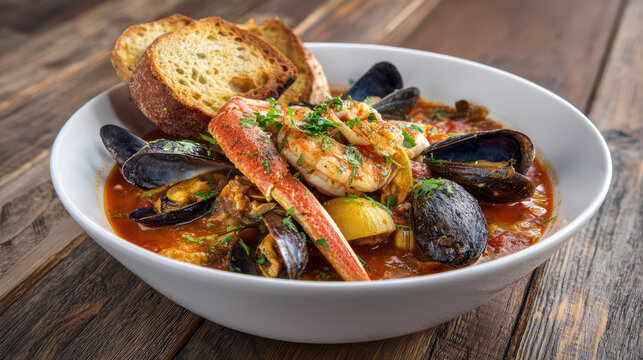bowl of cioppino with seafood in tomato broth