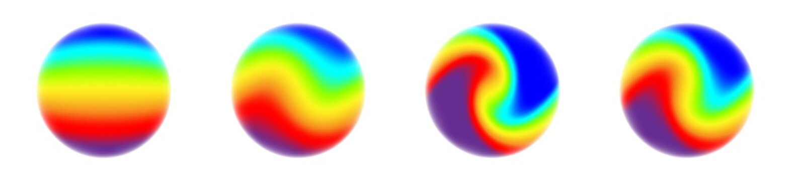 Set of abstract liquid rainbow spheres isolated on transparent background. Vibrant colorful fluid paint swirls and holographic 3D gloss balls. Blurry iridescent design elements clip art.