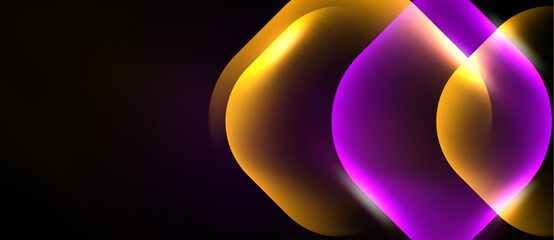 Naklejka premium Abstract shapes overlap, creating vibrant orange, purple glow. Dark background emphasizes luminosity, modern design element.