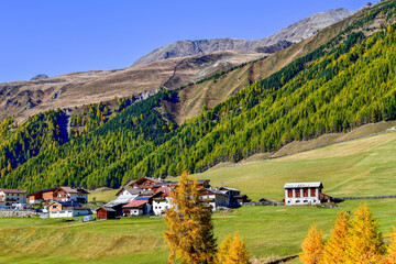 Blick über grüne Bergwiesen auf den Weiler Melag im herbstlichen Langtauferer Tal, Südtirol © Ilhan Balta