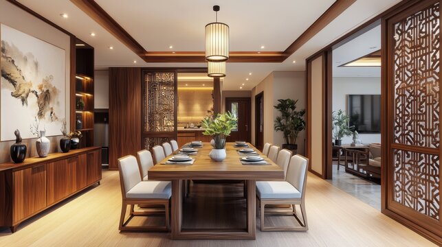 Elegant dining room with a long wooden table and chairs,Asian-inspired decor.