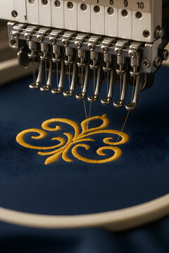 Embroidery machine stitching golden floral pattern on dark fabric, close up view of industrial sewing needles creating luxury textile ornament design, apparel manufacturing, craft decoration, fashion 