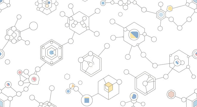 Abstract seamless pattern of scientific and technological icons connected by lines.