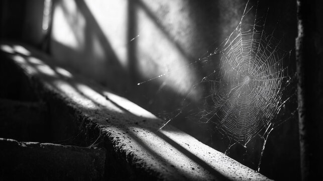 差し込む光に浮かび上がる蜘蛛の巣のドラマチックな白黒写真