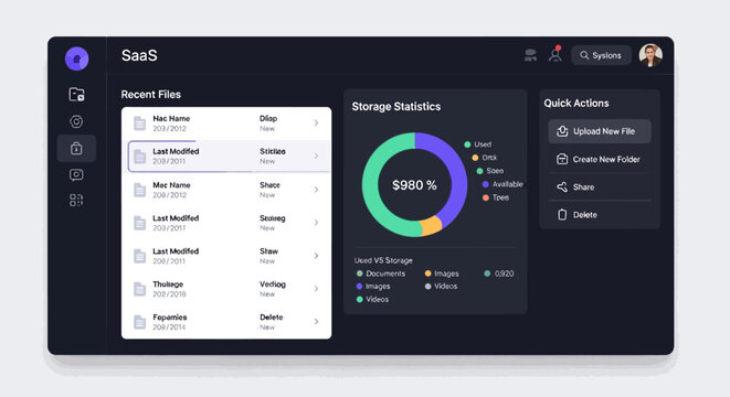 Modern SaaS dashboard interface showing file storage usage and recent files list.