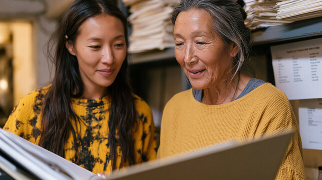 Long-term volunteer mentor, a woman in her early fifties, reviews a thick binder documenting five years of service logs with a young program director at a community kitchen, stacks of files and supp